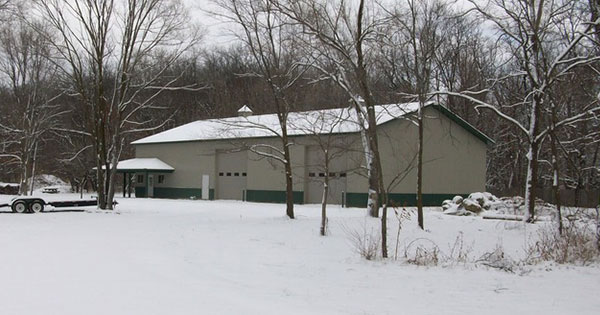 Post frame building in snowy loaction. 