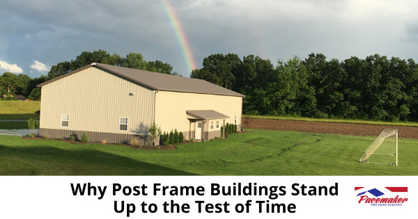 Post Frame building standing the test of time with rainbow in the sky.
