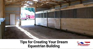 Inside look at the stalls of a post frame equestrian building.